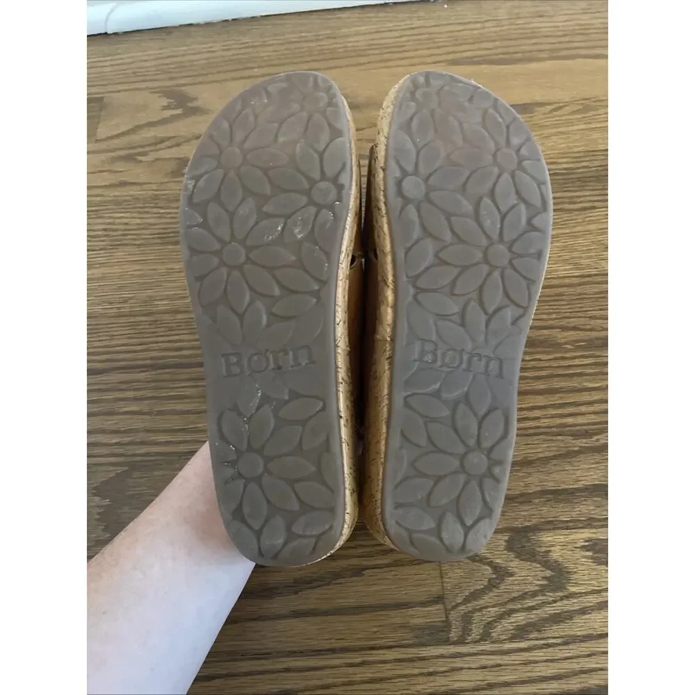 Born Leather Wedge Sandals Womens 9/40.5 Brown Criss Cross Slip On Comfort Sole